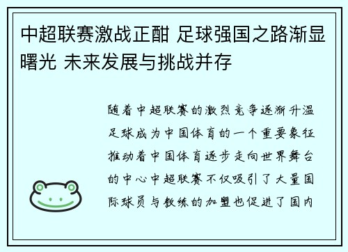 中超联赛激战正酣 足球强国之路渐显曙光 未来发展与挑战并存